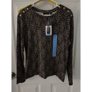 Rafaella Animal Print Long Sleeve Top Gold Button‎ Detail Large